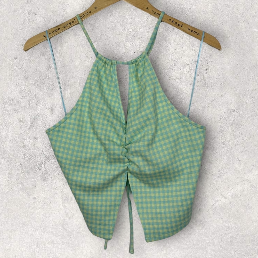 NEW Elodie Nordstrom Checkered Knit Halter Top Green Lemon Size XL Plaid 90s Y2K - Picture 2 of 7